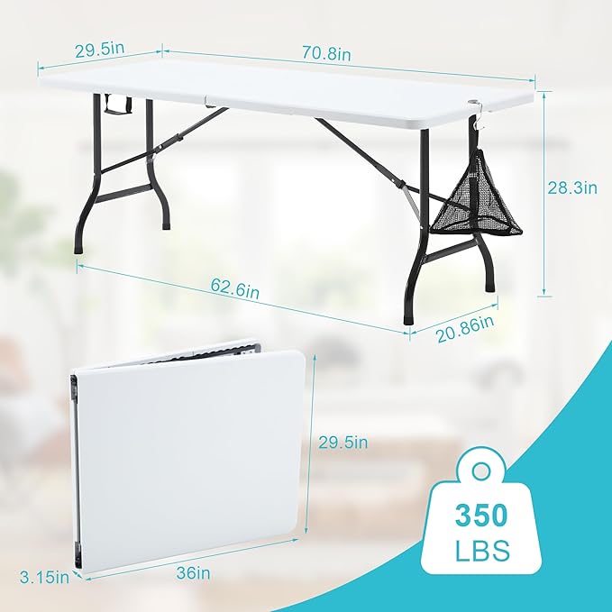 VECELO 6Ft Folding Table,Indoor Outdoor Portable Picnic Plastic Table with Mesh Trash Bag,Heavy Duty Foldable Camp Desk with Handle Legs for Dining Wedding&Party,Pearl White