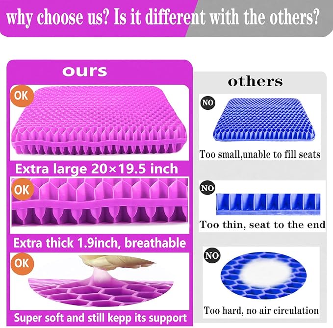 Plus Size Gel Seat Cushion for Long Sitting, Extra Large and Thick, Seat Cushion for Back, Hip, Sciatica, Tailbone Pain Relief, Used for Office, Wheelchair, Car, Truck, Recliner, Stadium.(Pink)