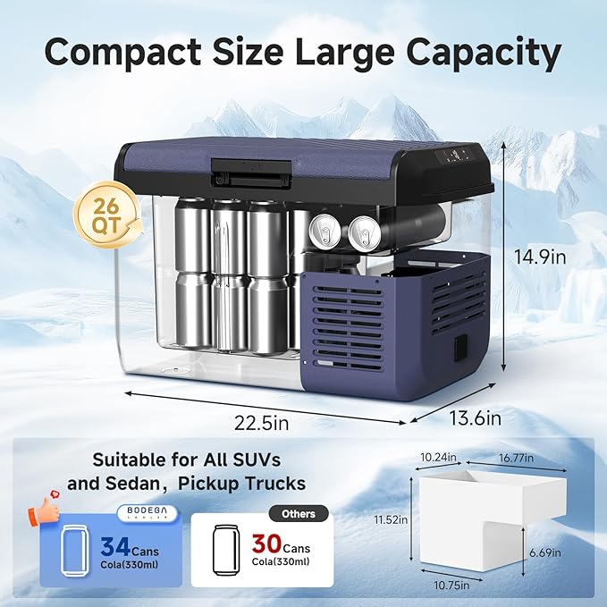 BODEGA 12 volt Car Refrigerator - 26QT(25L) Portable Freezer IPX4 Waterproof Car Fridge Ultra-Quiet Electric Cooler for Truck Van Camping Road Trips Travel 12/24V DC 110~240 Volt AC,-4℉~68℉