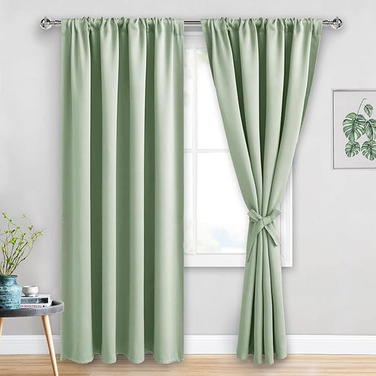 JIUZHEN Blackout Curtains for Bedroom - 60 Inch Extra Wide Thermal Insulated Room Darkening Privacy Soundproof Curtains for Living Room, Set of 2 Panels with Tiebacks, 60 x 84 inches, Light Green
