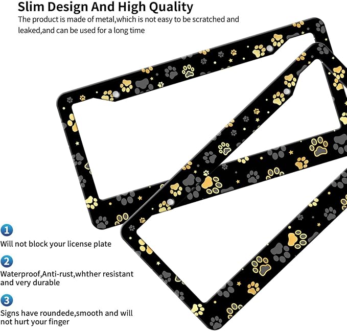MIOAOSRT Gold Dog Paw Print License Plate Frame Dog Paw and Star License Plate Cover Car Tag Holder Metal License Plate Frame Fits Standard U.S.Vehicles 12x6 Inch