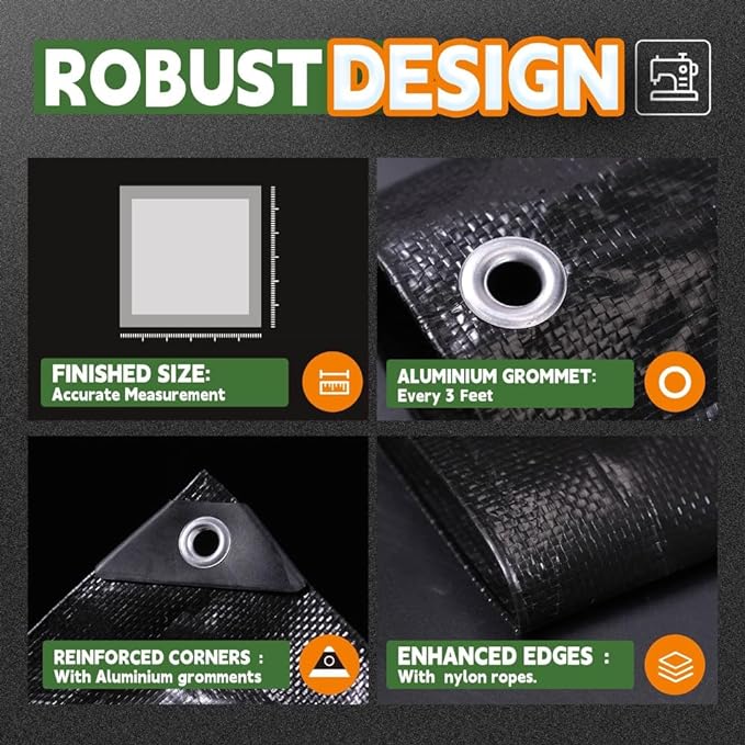 RAINDEWAY Small Black Tarp 6x6 Feet, UV Resistant, 8 Mil Multipurpose Medium Duty Waterproof Poly Tarp Cover with Metal Grommets and Reinforced Edges