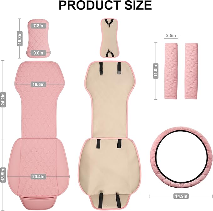 2PCs Front Car Seat Covers, Leather Seat Covers with Steering Wheel Cover and Two Seat Belt Pads, Waterproof Seat Covers for Cars Universal Fit 95% Vehicles (Pink)