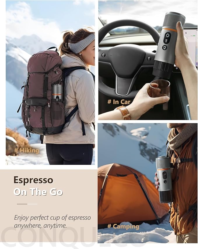 CONQUECO Portable Espresso Machine Travel: 8 cups 12V Electric Coffee Maker with Battery for Camping - 2.5 Mins Self Heating - With Ground Coffee & NS Capsule for RV, Hiking, Office