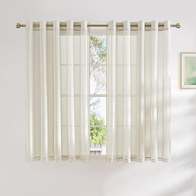 NICETOWN Linen Sheer Kids Room Curtains 63 inches Long, Grommet Linen Blend Semi Sheer Privacy Window Treatments Light Filtering Drapes for Living Room, Natural, W62 x L63, Set of 2