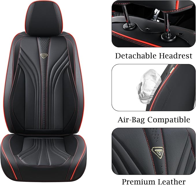 FLORICH Car Seat Covers, Front Seat Covers, 2 Pack Leather Seat Covers for Cars, Black and Red Car Seat Cushions Waterproof Automotive Driver Seat Covers Fit for Most Cars SUV Trucks