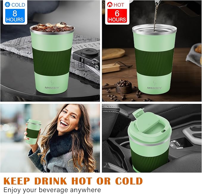 MOMSIV 12oz Travel Mug, Insulated Coffee Cup with Leakproof Lid, Vacuum Stainless Steel Double Walled Reusable Tumbler for Hot and Cold Water Coffee and Tea In Travel and Car (Green-380ml)