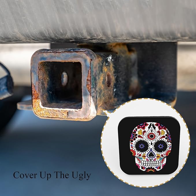 Sugar Skull 2 Receiver Hitch Cover Halloween Decorated Skull Floral Black Soft Rubber Protects Hitch Tube Rear Trailer Hitch Cover Universal Fits 2" Receivers for Men Women