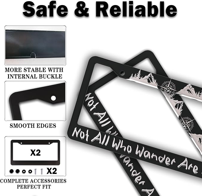 Metal License Plate Frame Black and White License Plate Frames Not All Who Wander are Lost Universal Aluminum Car Accessory 2 Pack with Screw Covers Set