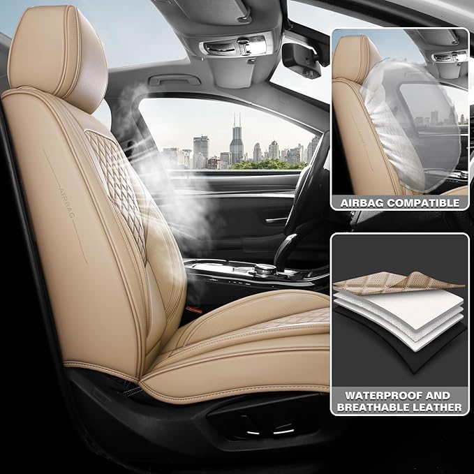 Premium Leather Car Seat Covers, Universal Fit for Cars SUVs Trucks and Sedans, Waterproof Car Seat Cushion with Airbag Compatible & Scratch-Resistant, Beige Seat Covers for 5 Seats