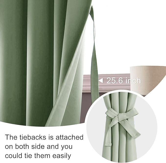JIUZHEN Blackout Curtains for Bedroom - 60 Inch Extra Wide Thermal Insulated Room Darkening Privacy Soundproof Curtains for Living Room, Set of 2 Panels with Tiebacks, 60 x 84 inches, Light Green
