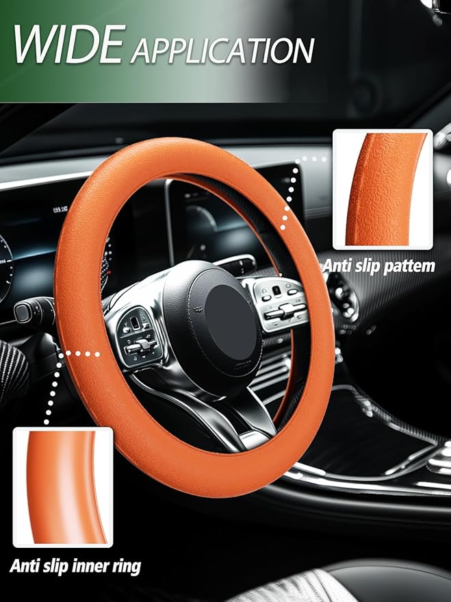 LRITER Car Steering Wheel Cover, Non-Slip Silicone Material, Multiple Color Choices, Universal Auto Parts Steering Wheel Cover, Suitable for Most Cars (Orange)