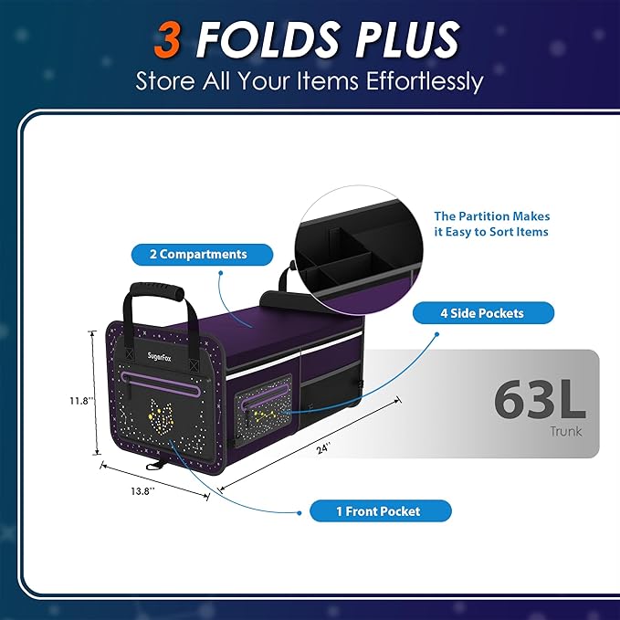 Car Trunk Organizer & Storage | 63L Capacity, 23.6"×13.8"×11.8" | Fluorescent Constellation Design | Waterproof, Collapsible with Adjustable Straps | for SUV, Small/Midsize Cars - Purple-M004