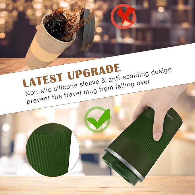 MOMSIV 12oz Travel Mug, Insulated Coffee Cup with Leakproof Lid, Vacuum Stainless Steel Double Walled Reusable Tumbler for Hot and Cold Water Coffee and Tea In Travel and Car Armygreen 380ML