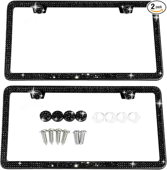 SunplusTrade Bling License Plate Frame for Women 2 Pack Sparkly License Plate Frames Bedazzled Diamond Rhinestone Crystals (Black)