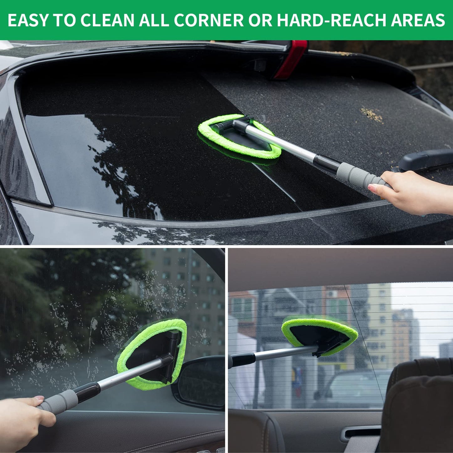 XINDELL Windshield Cleaner Tool – Car Interior Window Cleaning Kit with Extendable Handle & 4 Microfiber Pads, Auto Washing Brush for Car, Trucks, SUVs, RVs & Home Windows