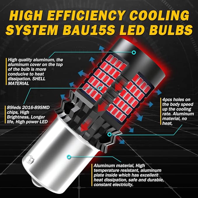 Red BAU15S PY21W LED Bulbs Canbus Error Free For Reversing Brake Lights,BAU15S Led For Center Brake,PY21W Bulb For Rear Tail Lights Fog Lights 2000Lm 21W(2 PCS)