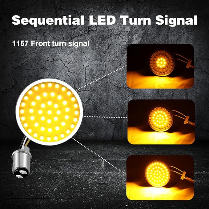 1157 Front Sequential LED Turn Signal, 2 Inch Bullet 12V Motorcycle Blinker Lights for Harley Street Glide, Dyna, Road King, Sportster 1200, Iron 883
