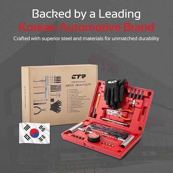 CTR Heavy Duty Tire Plug Kit - 68pcs All-in-One Universal Tire Repair Kit with Plugs, Professional Tools for Tubeless Tyre Flats for Cars, Truck, RV, SUV, ATV, Motorcycle, Tractor, Trailer - GE0001