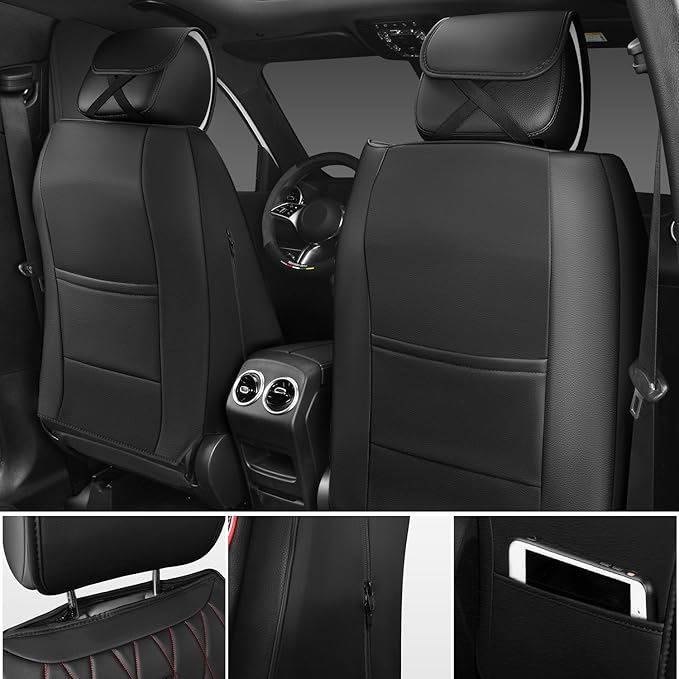 CAR PASS Luxury PU Leather Two Front Car Seat Covers, Waterproof Seat Covers Compatible with Front Seat Armrests, Airbag Compatible Anti- Slip Universal Fit for Cars Suvs Vans Trucks Black Red