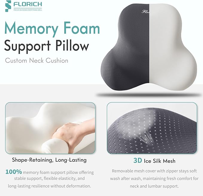 FLORICH Car Lumbar Support Pillow and Neck Headrest Pillow for Office Chair, Ergonomic Memory Foam, Relieves Neck, Back Pain, Pressure-Relieving Back Support for Car, Office Chair & Wheelchair – Gray