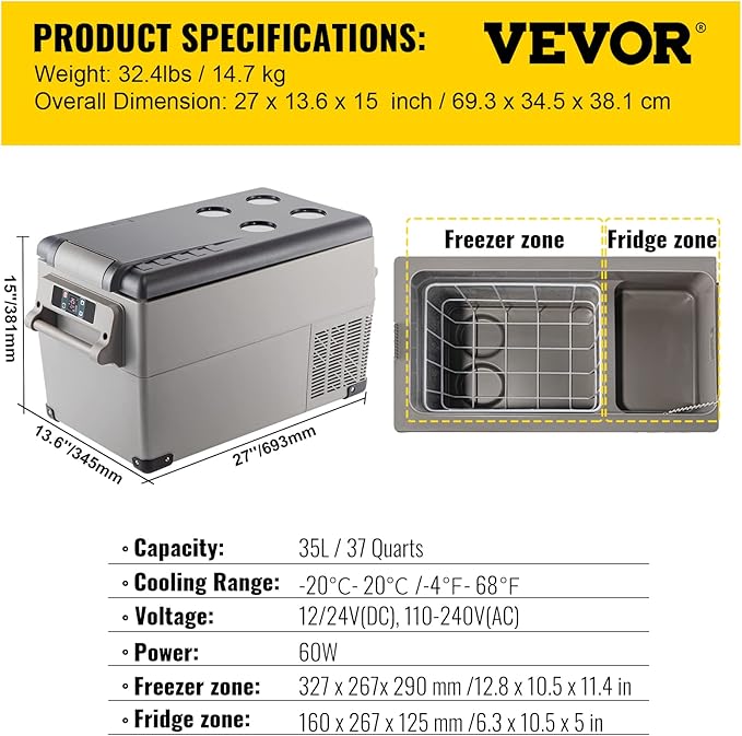 VEVOR CF35 Portable 37 Quart(35 Liter) 12 Volt App Control(-4℉~68℉), Car Refrigerator Dual Zone with 12/24v DC & 110-240v AC for Camping, Travel, Fishing, Outdoor or Home Use, Black+Gray