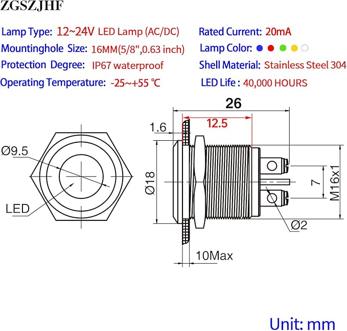 (2 Pcs) Signal Light 16mm 5/8" Indicator Light LED 12V/24V DC/AC Pilot Lamp Waterproof IP67 Metal Stainless Steel 304 Screw Pin