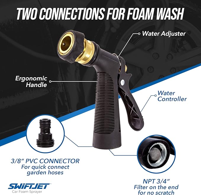 SwiftJet Car Wash Foam Gun + Microfiber Wash Mitt - Works with Any Soap - Garden Hose Car Foam Sprayer - Foam Cannon Car Wash Kit - Car Accessories Foam Blaster (Black Foam Gun with Mitt)