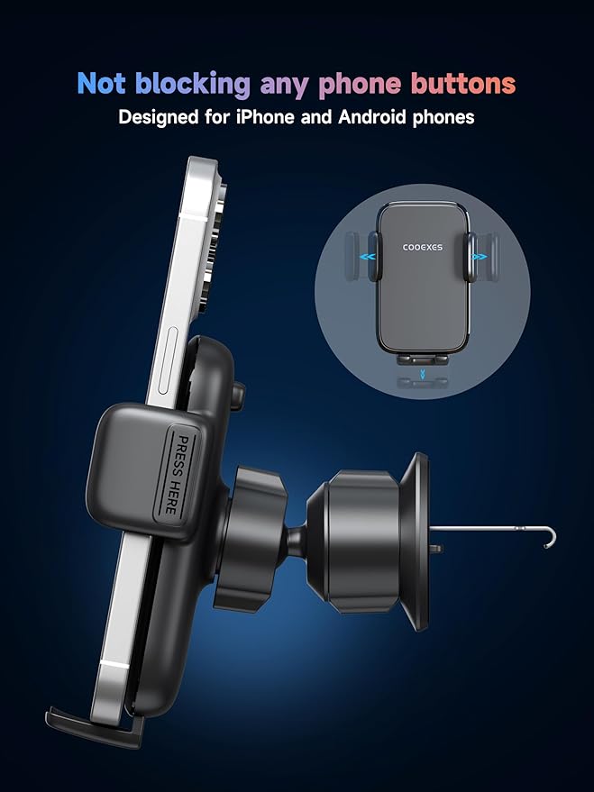 Car Phone Mount for Air Vent & Dashboard, Universal Clip Holder with 360° Rotation, One-Button Release Car Phone Holder Compatible iPhone Samsung Google Smartphones, Truck Car Accessories