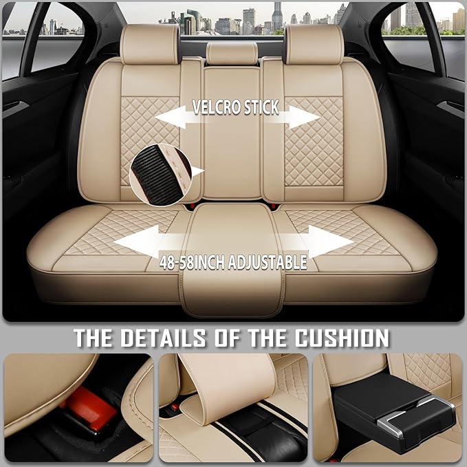 Premium Leather Car Seat Covers, Universal Fit for Cars SUVs Trucks and Sedans, Waterproof Car Seat Cushion with Airbag Compatible & Scratch-Resistant, Beige Seat Covers for 5 Seats