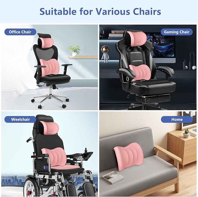 Car Seat Cushion with Neck Pillow & Lumbar Support Kit Back Sciatica Tailbone Pain Relief Car Pillows Ergonomic Memory Foam Back Support for Driving Seat Office Chair Wheelchair Pink