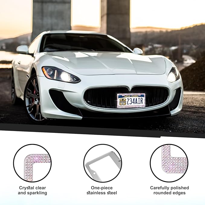 Bling License Plate Frame - Stainless Steel Colorful Rhinestones Car Accessories with 1200 Crystals, Universal Fit Decorative Diamond Plate Covers for Women Men All Cars