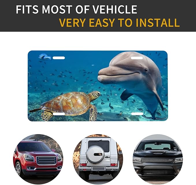 Front License Plate Sea Turtles Beluga Vanity Plates Aluminum Metal Decorative Car Tag Dolphin Novelty License Plate Cover for Men Women 6 * 12 in (4 Holes)