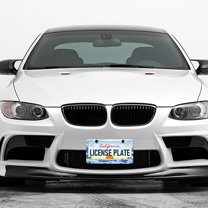 Ocean Wave License Plate Frames - 2 Pack Anime Blue Waves License Plate Holder, Stainless Steel Rust-Proof Waterproof Car Decorative Tag Frame with Screws Fasteners Caps