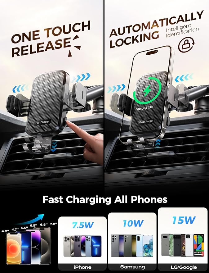 CHGeek Wireless Car Charger with Phone Holder Mount, 15W Fast Charging Auto Clamping Phone Holders for You Car Windshield Dashboard Air Vent Accessories for iPhone, Samsung Galaxy, Google, etc