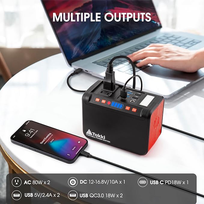 Takki 111Wh Portable Solar Generator Power Station with 21W Foldable Solar Panel, 120W Peak Solar Charger Power Bank with 110V AC DC USB Ports for Camping Emergency Outdoor Home Use