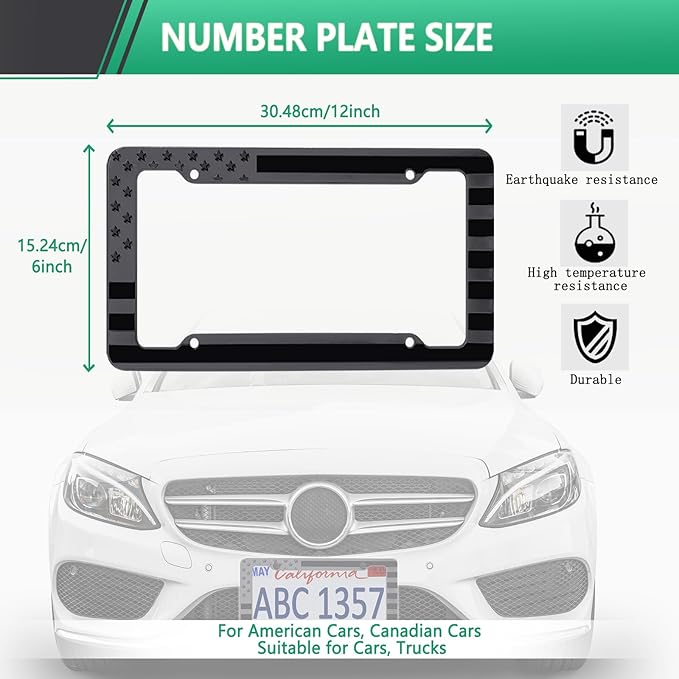 Black American Flag License Plate Frame- Front Rear Patriotic USA Car Tag Frames, 2 Pack 4 Hole Subdued 3D Embossed Stars and Stripes Plastic Holder with Mounting Hardware Kit