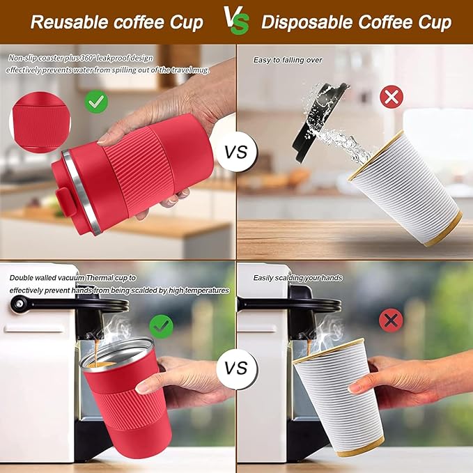 YINBAOGE Insulated Travel Coffee Mug, Spill & Leak Proof, Portable To Go Camping Stainless Steel Coffee Tumbler, Reusable Thermal Coffee Cup with Lid for Hot & Cold Drinks (Red, 17 OZ)