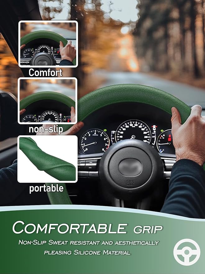 LRITER Car Steering Wheel Cover, Non-Slip Silicone Material, Multiple Color Choices, Universal Auto Parts Steering Wheel Cover, Suitable for Most Cars (Dark Green)