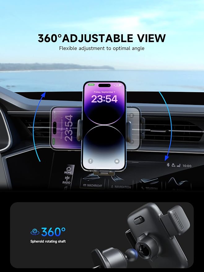 Car Phone Mount for Air Vent & Dashboard, Universal Clip Holder with 360° Rotation, One-Button Release Car Phone Holder Compatible iPhone Samsung Google Smartphones, Truck Car Accessories