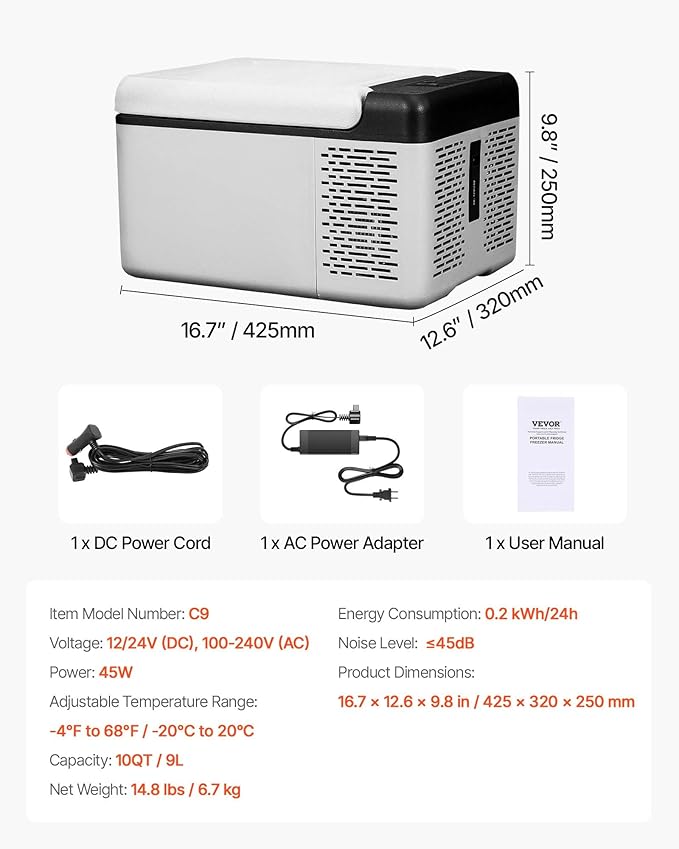VEVOR 10 Quart 12 Volt Portable Mini Freezer Car Compressor Fridge Cooler