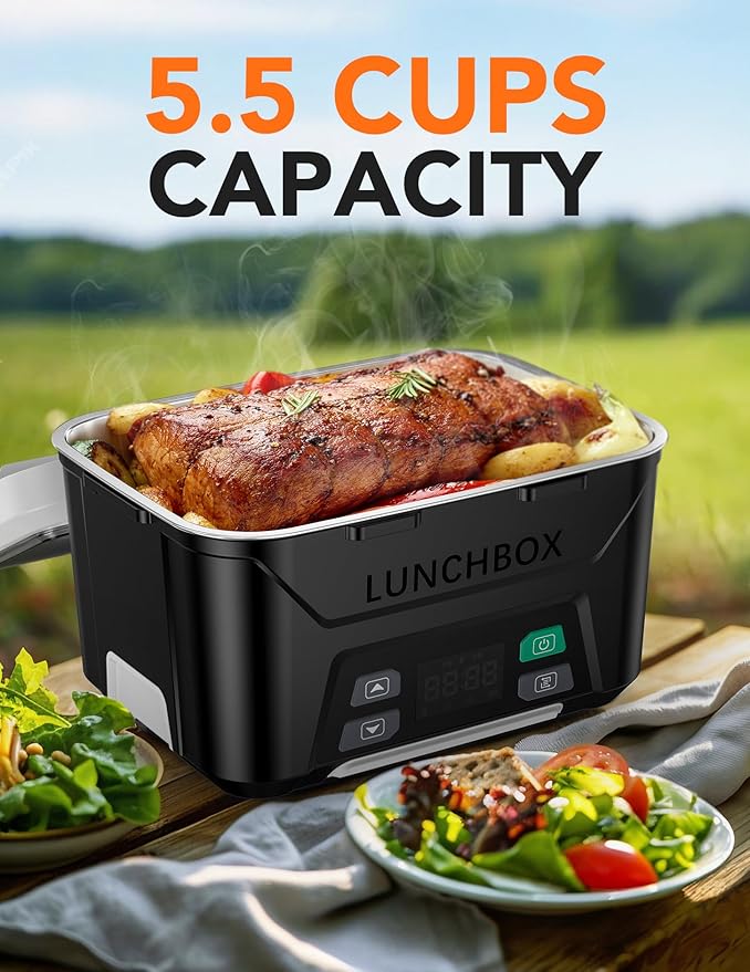 EAST OAK Heated Lunch Box Battery Powered with Automatic Heating, Cordless Heatable Lunchbox for Adults, 1.3L Portable Food Warmer with Insulated Carry Bag