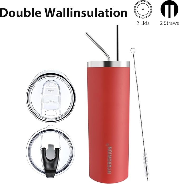 HYDROWION Triple-Insulated Tumblers - Stainless Steel with Lid and Straw, 20 oz Water Bottle, Stainless Steel Cups, Coffee Travel Mug for Home & Office Red