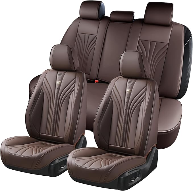 FLORICH Car Seat Covers, Leather Seat Covers Full Set, 5 Seats Universal Seat Covers for Cars, Waterproof Automotive Seat Protectors, Coffee Car Seat Cushions Car Accessories for Most Cars Trucks SUV
