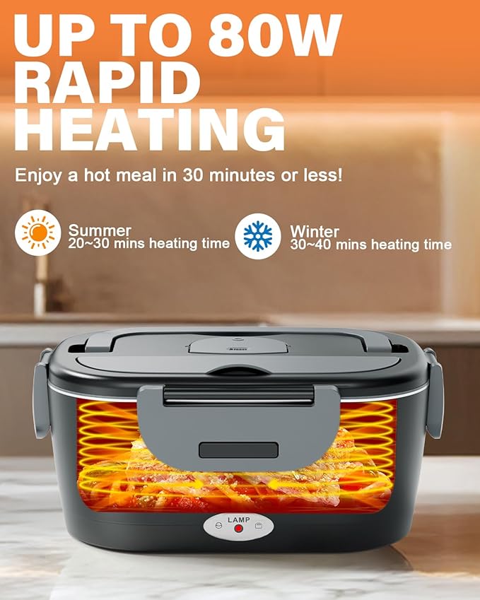 Electric Lunch Box for Men, Women & Adults - 80W Fast Heating - Heated Lunch Box with Dual 1.5L SS Containers - Portable Food Warmer for Car, Truck, Office