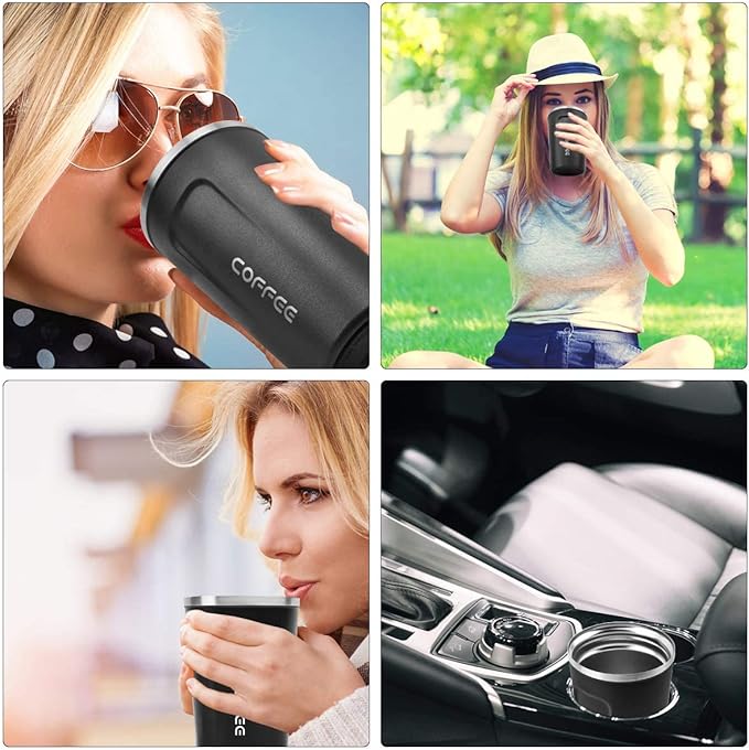 MOMSIV 12oz Travel Mug, Insulated Coffee Cup with Leakproof Lid, Vacuum Stainless Steel Double Walled Reusable Tumbler for Hot and Cold Water Coffee and Tea In Travel and Car Black