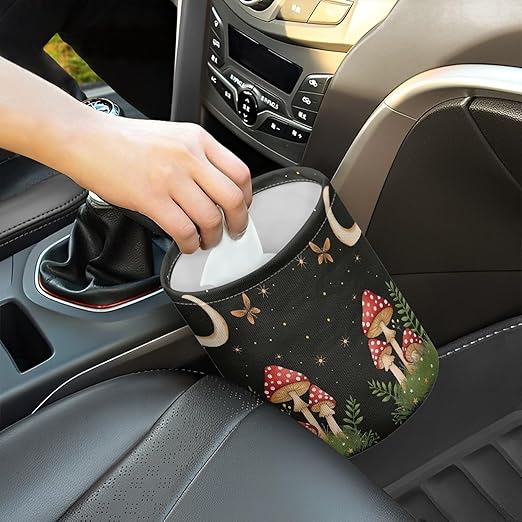 Cute Mushroom Moon Auto Garbage Bag Trash Can Leak Proof Waste Basket Container Bag Bin Hanging Cup Holder Organizer with Strap Mini Car Interior Accessories for Auto, Camping, Travelling