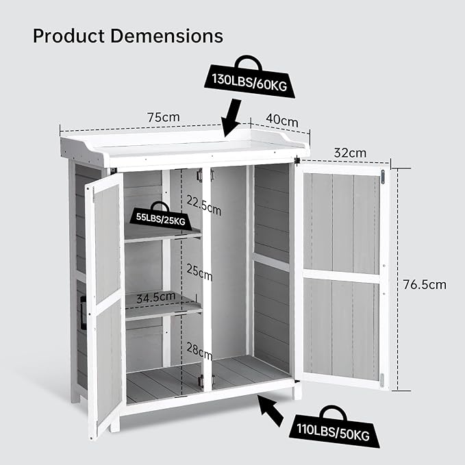 Outdoor Cabinet with Metal Tabletop Garden Potting Bench Table - Outdoor Garden Patio Wooden Storage Cabinet with Adjustable Shelf, Wooden Storage Cabinets, Weatherproof for Garden Patio Lawn