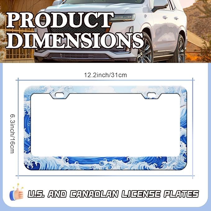 Ocean Wave License Plate Frames - 2 Pack Anime Blue Waves License Plate Holder, Stainless Steel Rust-Proof Waterproof Car Decorative Tag Frame with Screws Fasteners Caps