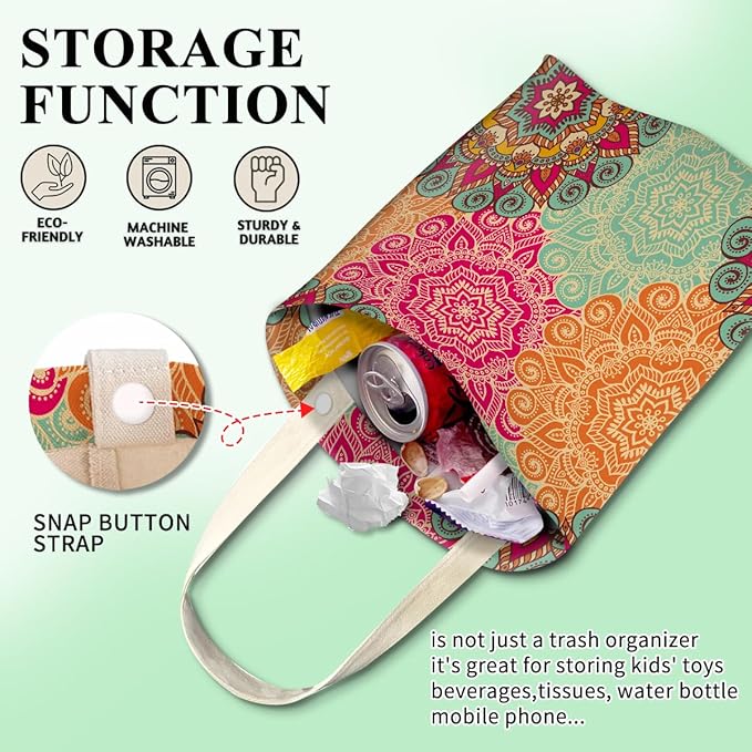 Cute Car Organizer and Storage Bag, Hanging Trash Bin for Vehicle, Travelling, Camping - Colorful Flowers Pattern